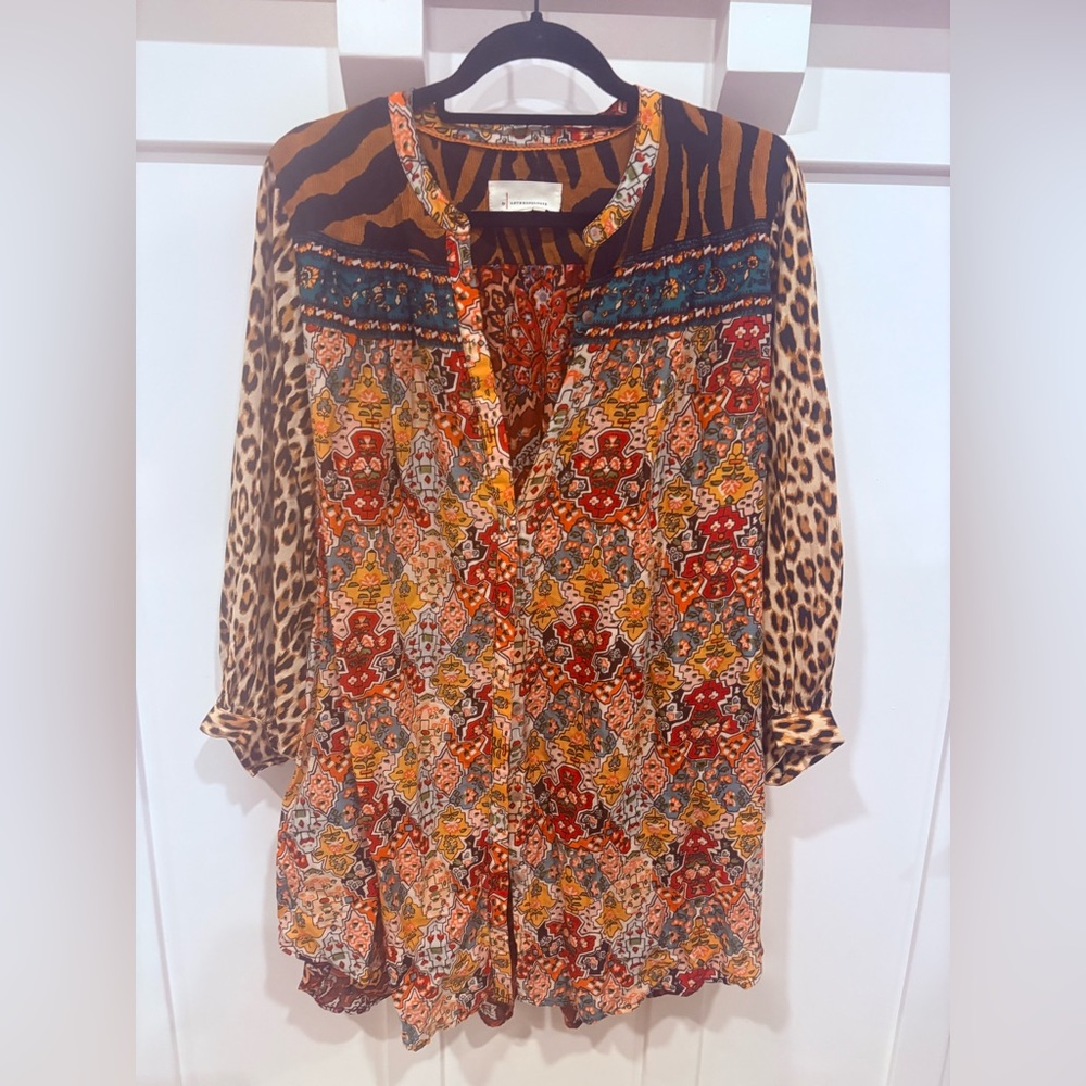 Anthropologie Oversized multi Patterned Blouse size Extra Small tunic button up